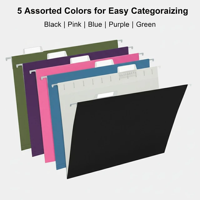 Alt view image 3 of 7 - 50 Packs Hanging File Folders,Assorted Color Letter Size File Folders with 1/5 Adjustable Cut Tabs for Office/Home/School,Decorative,Drawer,Desk and Cabinet Use(Black,Blue,Pink,Purple,Standard Green)