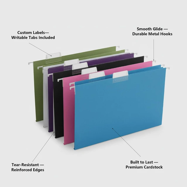Alt view image 5 of 7 - 50 Packs Hanging File Folders,Assorted Color Letter Size File Folders with 1/5 Adjustable Cut Tabs for Office/Home/School,Decorative,Drawer,Desk and Cabinet Use(Black,Blue,Pink,Purple,Standard Green)