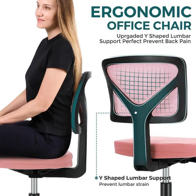Alt view image 4 of 7 - Armless Desk Chairs, Small Home Office Mesh Chairs Ergonomic Adjustable Mid Back, Swivel Rolling Task, Computer Work Vanity Small Spaces, Pink