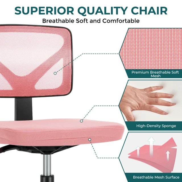 Alt view image 5 of 7 - Armless Desk Chairs, Small Home Office Mesh Chairs Ergonomic Adjustable Mid Back, Swivel Rolling Task, Computer Work Vanity Small Spaces, Pink