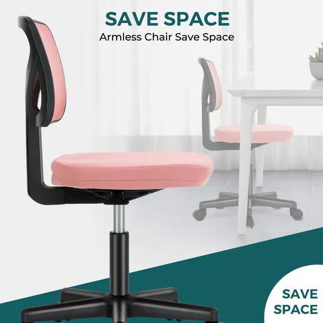 Alt view image 7 of 7 - Armless Desk Chairs, Small Home Office Mesh Chairs Ergonomic Adjustable Mid Back, Swivel Rolling Task, Computer Work Vanity Small Spaces, Pink