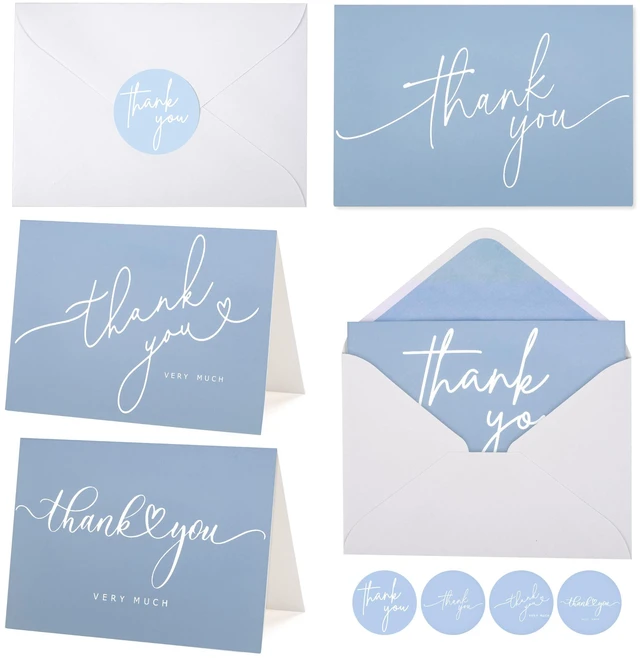 Main image of 100 Bulk Light blue Thank You Cards with white Envelopes and stickers - 4 Minimalistic Designs Blank Thank You Notes with Envelopes for business Wedding Bridal Gift Baby Shower Business Graduation