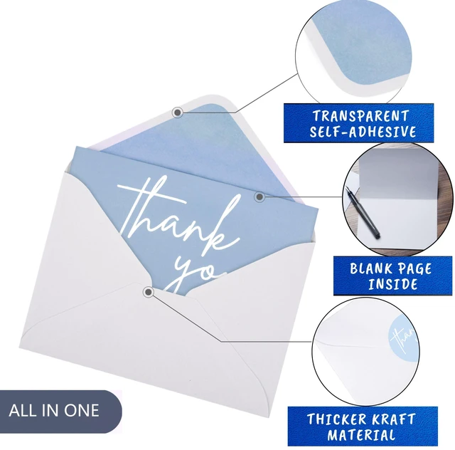 Alt view image 2 of 7 - 100 Bulk Light blue Thank You Cards with white Envelopes and stickers - 4 Minimalistic Designs Blank Thank You Notes with Envelopes for business Wedding Bridal Gift Baby Shower Business Graduation