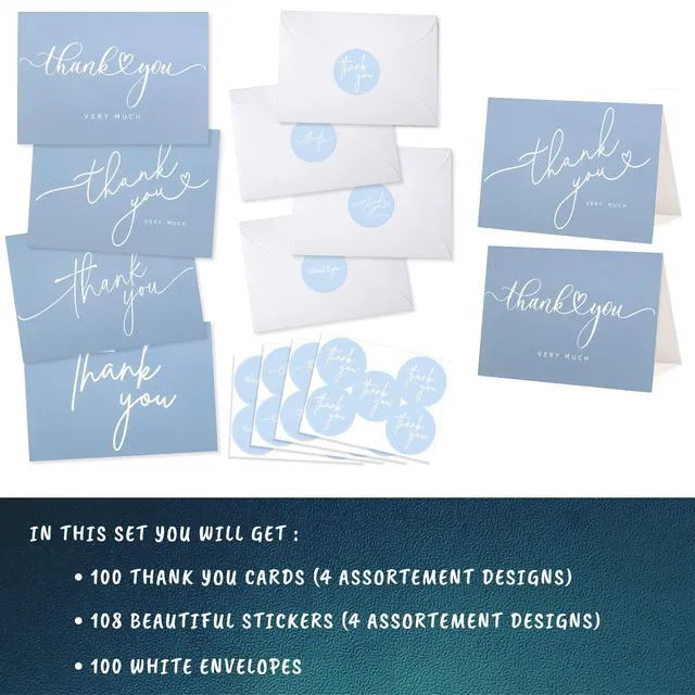 Alt view image 3 of 7 - 100 Bulk Light blue Thank You Cards with white Envelopes and stickers - 4 Minimalistic Designs Blank Thank You Notes with Envelopes for business Wedding Bridal Gift Baby Shower Business Graduation