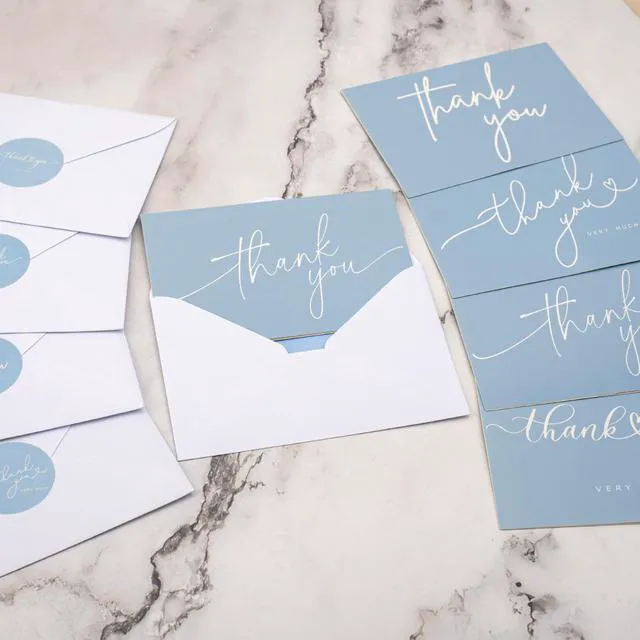 Alt view image 7 of 7 - 100 Bulk Light blue Thank You Cards with white Envelopes and stickers - 4 Minimalistic Designs Blank Thank You Notes with Envelopes for business Wedding Bridal Gift Baby Shower Business Graduation