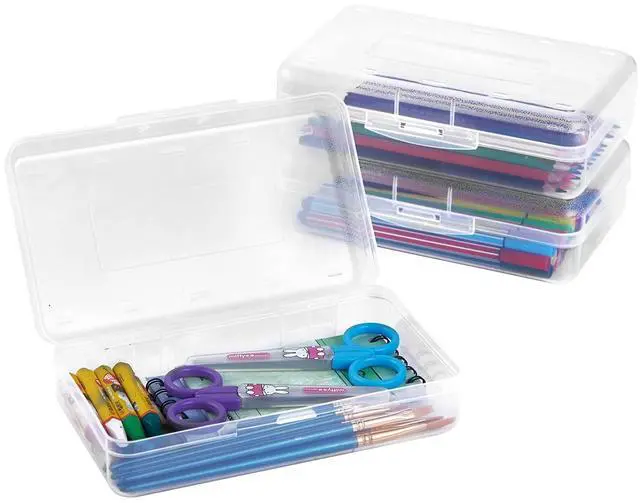 Main image of 3 Pack Pencil Case, Large Hard Pencil Box Bulk, Clear Crayon Box Marker Pen Organizer, Plastic Storage Container with Snap Lid, Stackable Art Craft Organizer Back to School Supplies, Clear