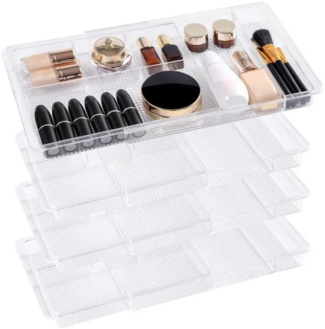 Main image of Expandable Shallow Vanity Plastic Makeup Drawer Organizers, 4 Pack Low Profile 1.3 Inch Height Clear Storage Tray - Scalable Width Customization Fits Cosmetic Lipsticks Brushes, Dressing Table