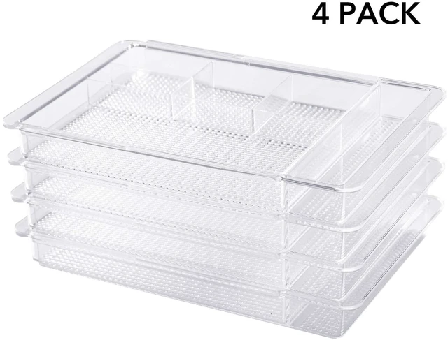 Alt view image 7 of 7 - Expandable Shallow Vanity Plastic Makeup Drawer Organizers, 4 Pack Low Profile 1.3 Inch Height Clear Storage Tray - Scalable Width Customization Fits Cosmetic Lipsticks Brushes, Dressing Table