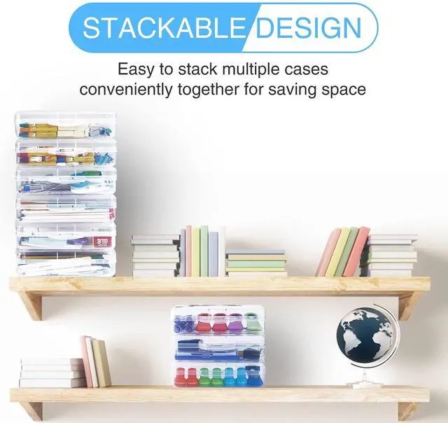 Alt view image 4 of 7 - 3 Pack Pencil Case, Large Hard Pencil Box Bulk, Clear Crayon Box Marker Pen Organizer, Plastic Storage Container with Snap Lid, Stackable Art Craft Organizer Back to School Supplies, Clear