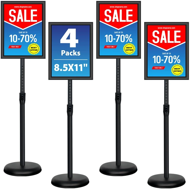 Main image of 4 Pack Sign Holder Stands - 8.5 x11 inch Standing Sign Stand, Adjustable Poster Sign Holder Pedestal Floor Sign Stand, Aluminum Snap Open Frame for Vertical & Horizontal View Sign Stand, Black