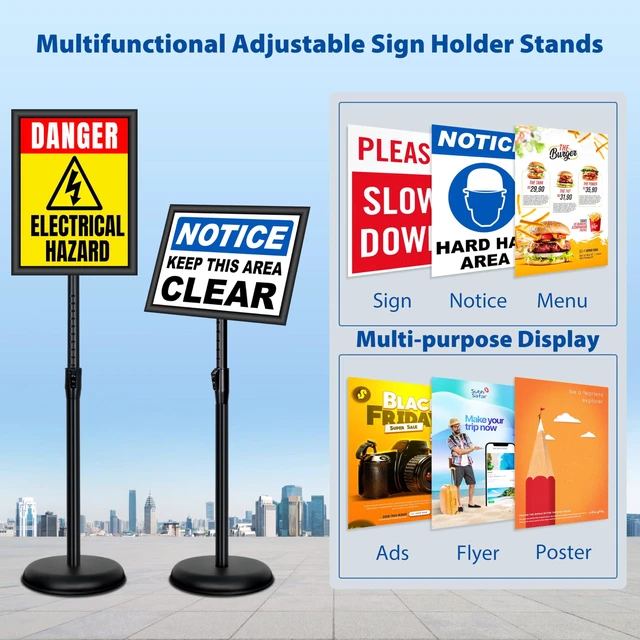 Alt view image 2 of 7 - 4 Pack Sign Holder Stands - 8.5 x11 inch Standing Sign Stand, Adjustable Poster Sign Holder Pedestal Floor Sign Stand, Aluminum Snap Open Frame for Vertical & Horizontal View Sign Stand, Black