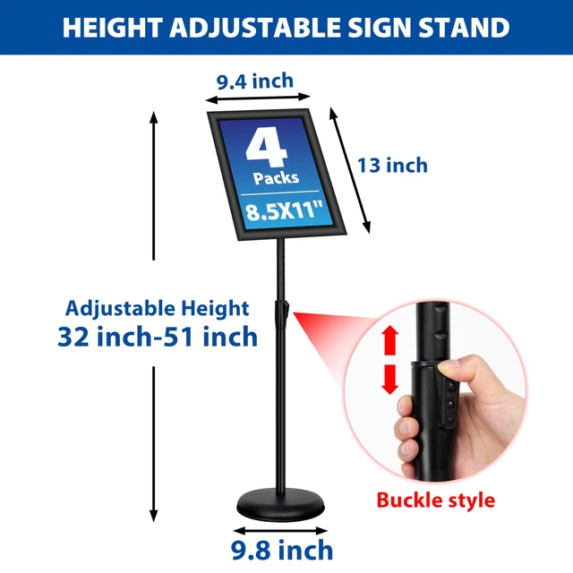 Alt view image 3 of 7 - 4 Pack Sign Holder Stands - 8.5 x11 inch Standing Sign Stand, Adjustable Poster Sign Holder Pedestal Floor Sign Stand, Aluminum Snap Open Frame for Vertical & Horizontal View Sign Stand, Black