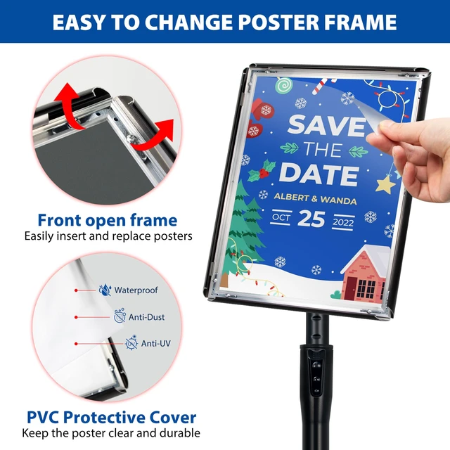 Alt view image 5 of 7 - 4 Pack Sign Holder Stands - 8.5 x11 inch Standing Sign Stand, Adjustable Poster Sign Holder Pedestal Floor Sign Stand, Aluminum Snap Open Frame for Vertical & Horizontal View Sign Stand, Black
