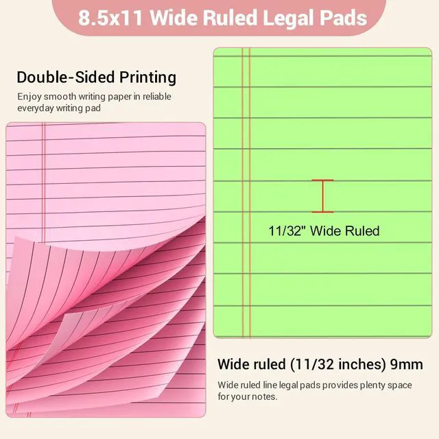 Alt view image 3 of 7 - Legal Pads 8.5 x 11 Colored Notepad, 12 Pack Wide Ruled Lined Paper Micro Perforated Writing Pads 8.5 x 11, 30 Sheet/Note Pads, Pink Legal Pad 8.5 x 11 Notebook Colored Paper Tablet for School