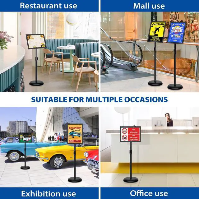Alt view image 7 of 7 - 4 Pack Sign Holder Stands - 8.5 x11 inch Standing Sign Stand, Adjustable Poster Sign Holder Pedestal Floor Sign Stand, Aluminum Snap Open Frame for Vertical & Horizontal View Sign Stand, Black