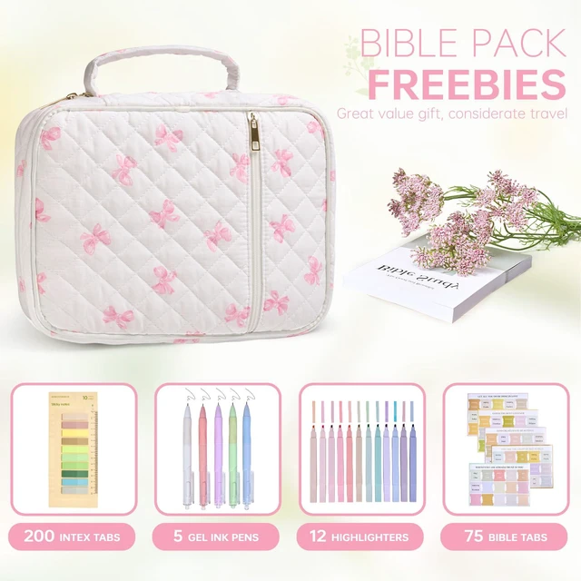Alt view image 2 of 6 - Bible Bag Cover Case for Women Study Supplies Kit Church Book Holder Bible Study Supplies w/ Tabs Pens Portable Church Book Quilted Large Carrying Case Christian Gifts for Women Girls