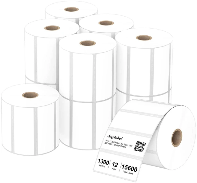 Main image of Compatible 3" x 1" Direct Thermal Labes Replacement for Barcodes Postage Address Shipping Compatible with Rollo & Zebra Desktop Printers Adhesive & Perforated (12 Rolls, 1300 Labels/Roll)