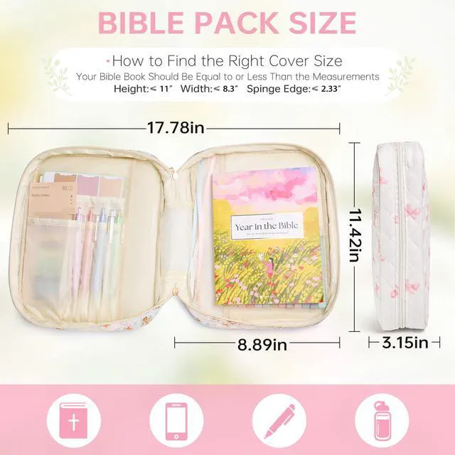 Alt view image 3 of 6 - Bible Bag Cover Case for Women Study Supplies Kit Church Book Holder Bible Study Supplies w/ Tabs Pens Portable Church Book Quilted Large Carrying Case Christian Gifts for Women Girls