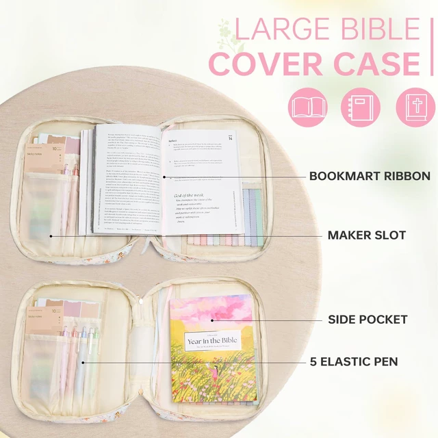 Alt view image 4 of 6 - Bible Bag Cover Case for Women Study Supplies Kit Church Book Holder Bible Study Supplies w/ Tabs Pens Portable Church Book Quilted Large Carrying Case Christian Gifts for Women Girls