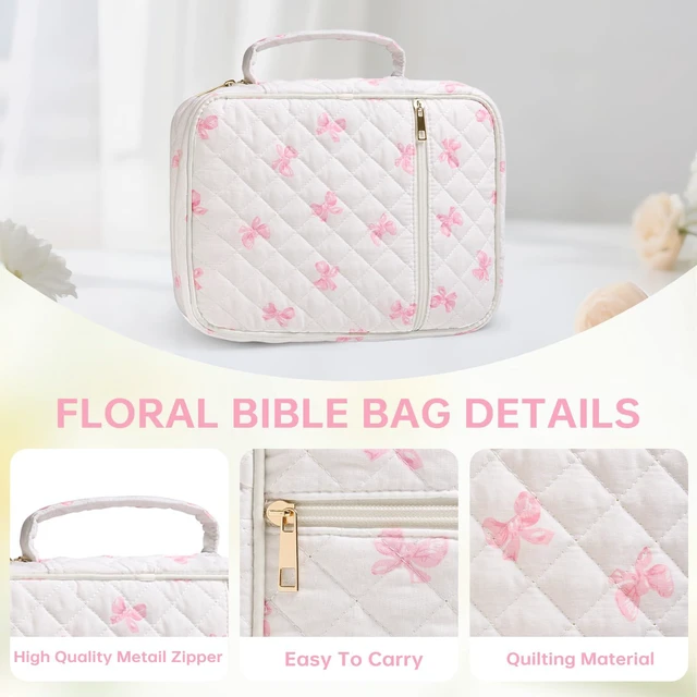 Alt view image 5 of 6 - Bible Bag Cover Case for Women Study Supplies Kit Church Book Holder Bible Study Supplies w/ Tabs Pens Portable Church Book Quilted Large Carrying Case Christian Gifts for Women Girls