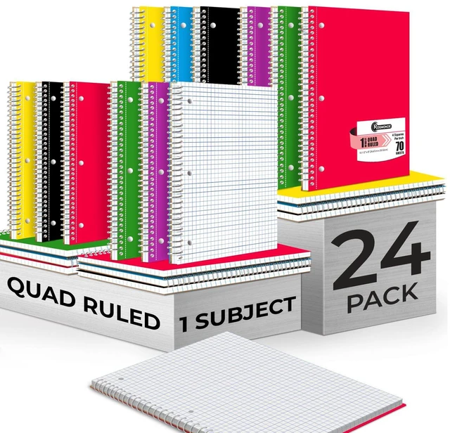 Main image of 24 Pack 1 Subject Graph Paper Spiral Notebook, 70 Sheets/140 Pages Bulk 4x4 Grid Quad Ruled Spiral Notebook, 8 x 10-1/2", 3 Hole Punched, Bulk Quad Ruled Graph Paper Spiral Notebooks, Assorted