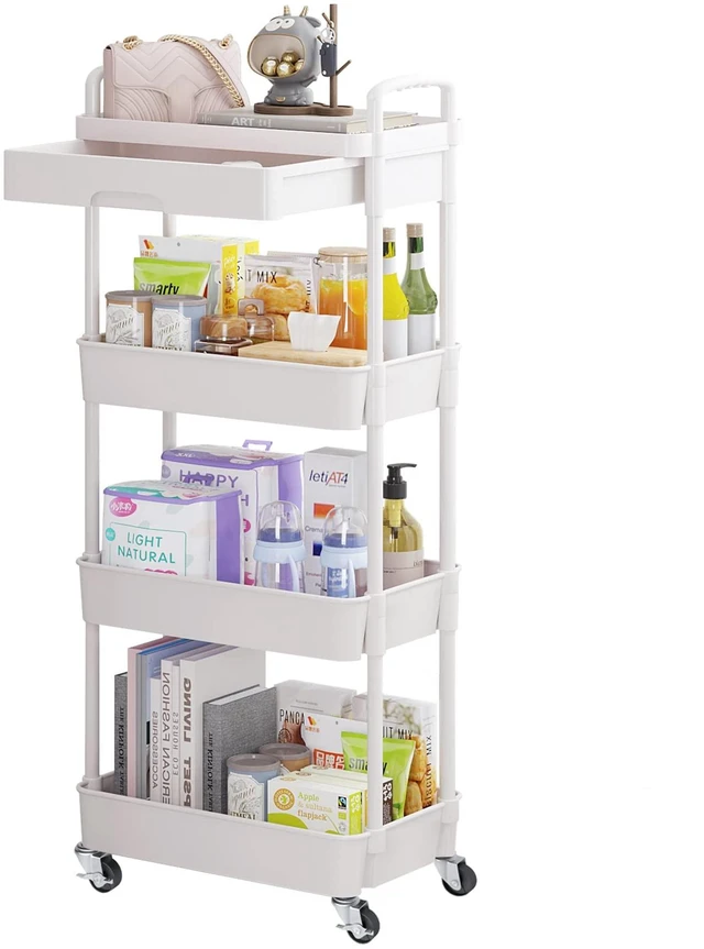 Main image of 4-Tier Utility Cart with Drawer & Wheels, Storage for Home,Office Space-Saving Organizer, Sturdy Plastic Shelves, Smooth-Rolling Metal Wheels, Built-in Drawer for Small Items, White