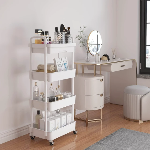 Alt view image 2 of 7 - 4-Tier Utility Cart with Drawer & Wheels, Storage for Home,Office Space-Saving Organizer, Sturdy Plastic Shelves, Smooth-Rolling Metal Wheels, Built-in Drawer for Small Items, White