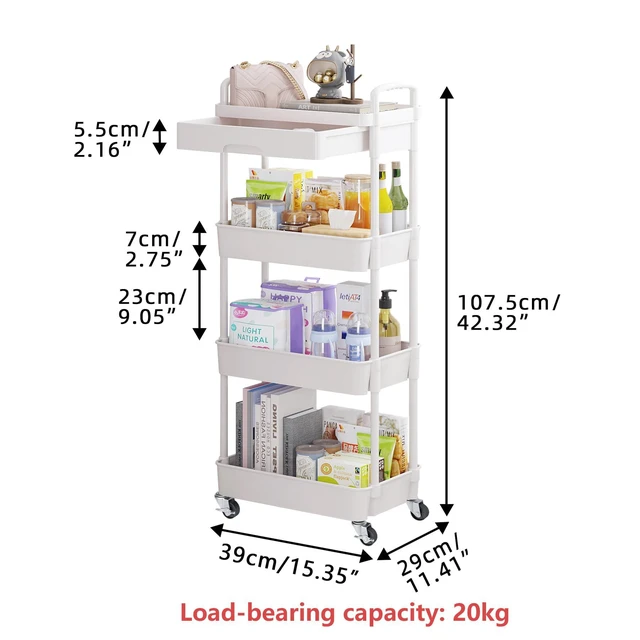 Alt view image 5 of 7 - 4-Tier Utility Cart with Drawer & Wheels, Storage for Home,Office Space-Saving Organizer, Sturdy Plastic Shelves, Smooth-Rolling Metal Wheels, Built-in Drawer for Small Items, White