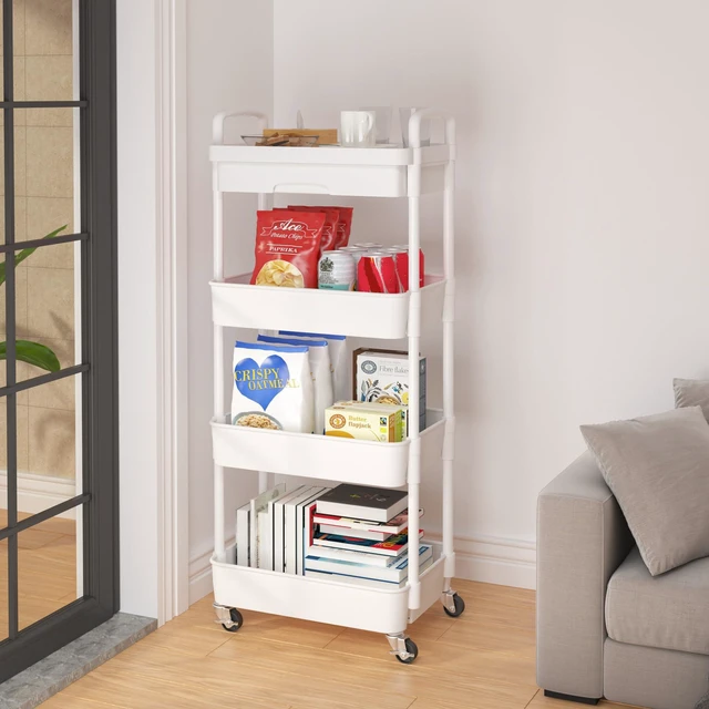 Alt view image 4 of 7 - 4-Tier Utility Cart with Drawer & Wheels, Storage for Home,Office Space-Saving Organizer, Sturdy Plastic Shelves, Smooth-Rolling Metal Wheels, Built-in Drawer for Small Items, White