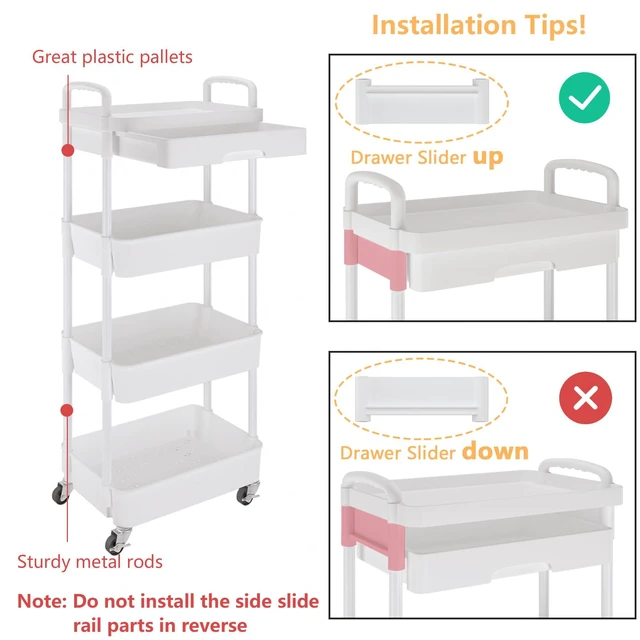 Alt view image 6 of 7 - 4-Tier Utility Cart with Drawer & Wheels, Storage for Home,Office Space-Saving Organizer, Sturdy Plastic Shelves, Smooth-Rolling Metal Wheels, Built-in Drawer for Small Items, White