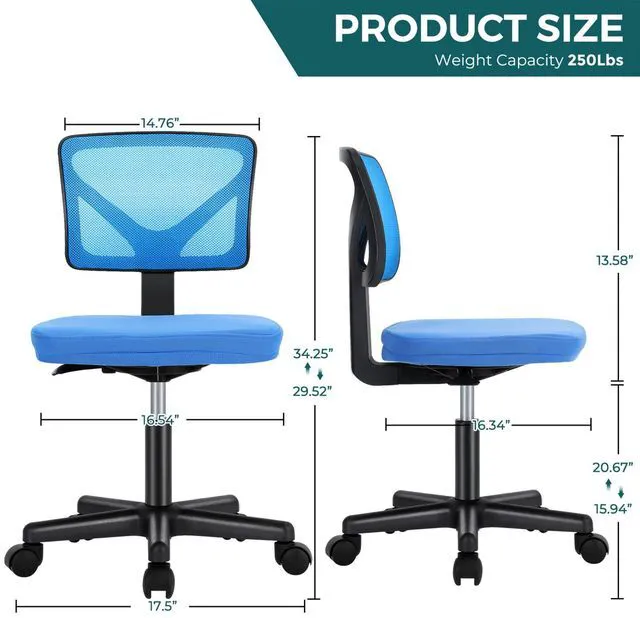 Alt view image 3 of 7 - Armless Desk Chairs, Small Home Office Mesh Chairs Ergonomic Adjustable Mid Back, Swivel Rolling Task, Computer Work Vanity Small Spaces, Blue