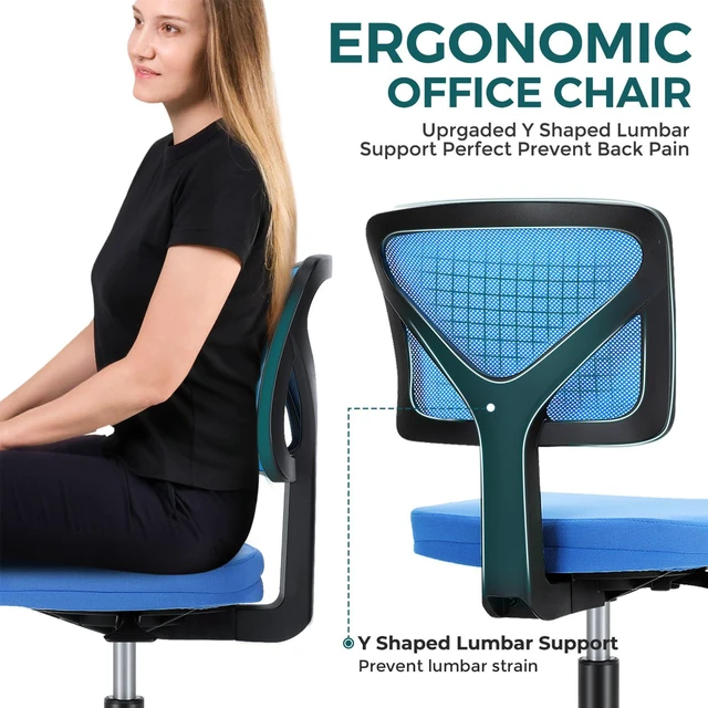 Alt view image 4 of 7 - Armless Desk Chairs, Small Home Office Mesh Chairs Ergonomic Adjustable Mid Back, Swivel Rolling Task, Computer Work Vanity Small Spaces, Blue