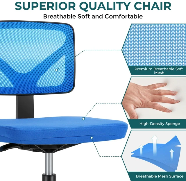 Alt view image 5 of 7 - Armless Desk Chairs, Small Home Office Mesh Chairs Ergonomic Adjustable Mid Back, Swivel Rolling Task, Computer Work Vanity Small Spaces, Blue