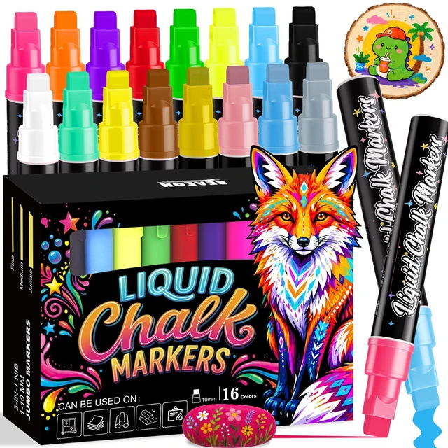 Main image of 16 Color Jumbo Liquid Chalk Markers - Wet Erase Window Chalk Markers with 10mm 3 in 1 Nib Thick Wide Tips - For Glass, Posters, Windows, Mirror, Chalkboard, Auto