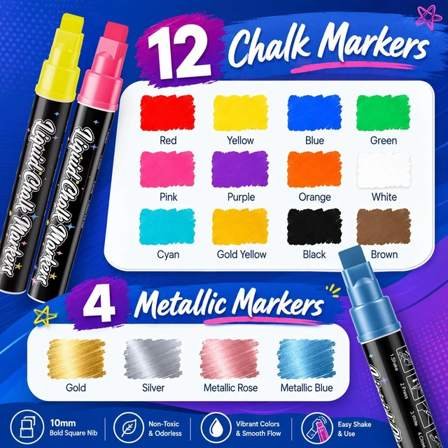 Alt view image 2 of 7 - 16 Color Jumbo Liquid Chalk Markers - Wet Erase Window Chalk Markers with 10mm 3 in 1 Nib Thick Wide Tips - For Glass, Posters, Windows, Mirror, Chalkboard, Auto