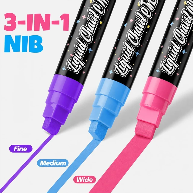 Alt view image 3 of 7 - 16 Color Jumbo Liquid Chalk Markers - Wet Erase Window Chalk Markers with 10mm 3 in 1 Nib Thick Wide Tips - For Glass, Posters, Windows, Mirror, Chalkboard, Auto