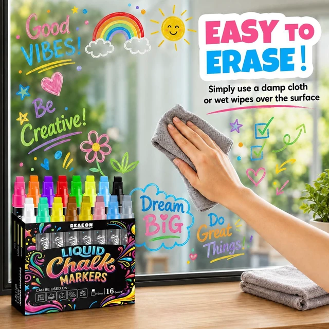 Alt view image 4 of 7 - 16 Color Jumbo Liquid Chalk Markers - Wet Erase Window Chalk Markers with 10mm 3 in 1 Nib Thick Wide Tips - For Glass, Posters, Windows, Mirror, Chalkboard, Auto