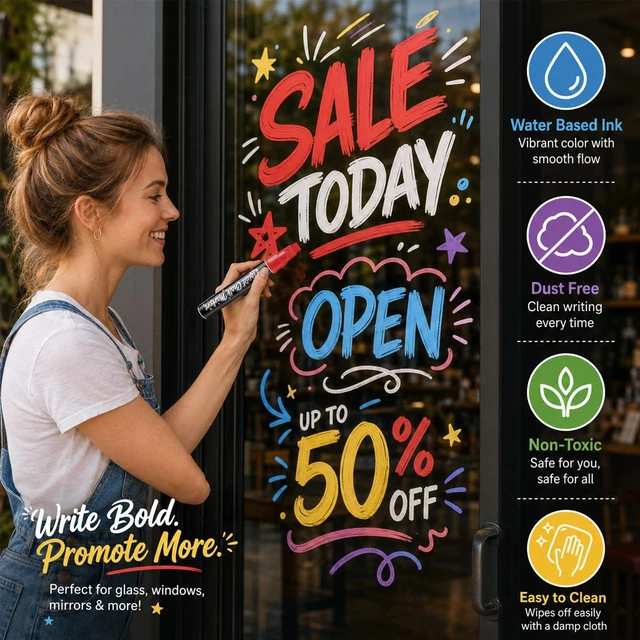 Alt view image 7 of 7 - 16 Color Jumbo Liquid Chalk Markers - Wet Erase Window Chalk Markers with 10mm 3 in 1 Nib Thick Wide Tips - For Glass, Posters, Windows, Mirror, Chalkboard, Auto