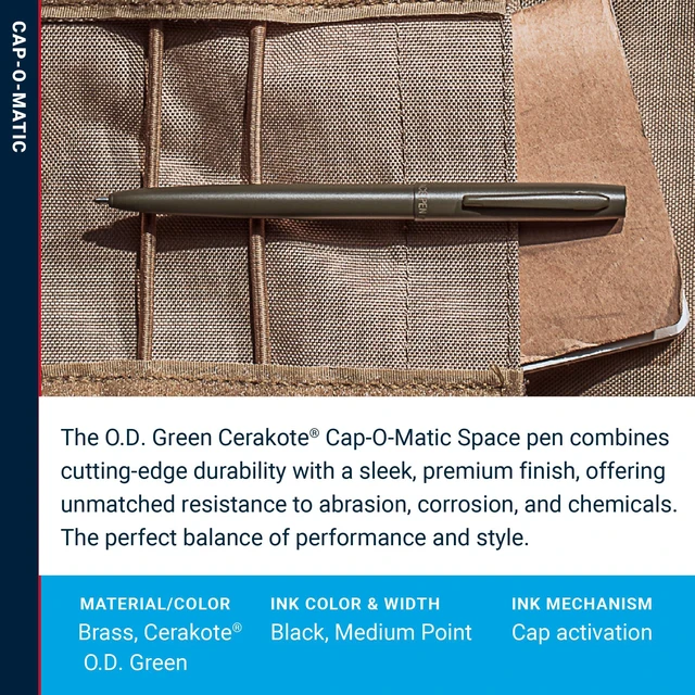 Alt view image 3 of 7 - Space Pen O.D. Green Cerakote Finish Cap-O-Matic Pen, Black Ink Pressurized Ballpoint Pen, Writes Upside Down and in Extreme Temperatures, Medium Point, Pocket Clip, Made in the USA