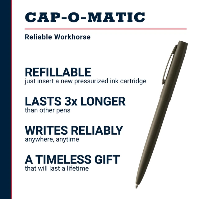 Alt view image 2 of 7 - Space Pen O.D. Green Cerakote Finish Cap-O-Matic Pen, Black Ink Pressurized Ballpoint Pen, Writes Upside Down and in Extreme Temperatures, Medium Point, Pocket Clip, Made in the USA