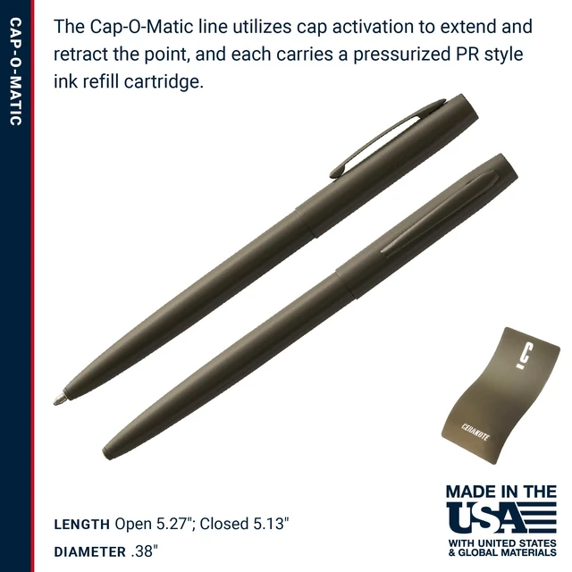 Alt view image 6 of 7 - Space Pen O.D. Green Cerakote Finish Cap-O-Matic Pen, Black Ink Pressurized Ballpoint Pen, Writes Upside Down and in Extreme Temperatures, Medium Point, Pocket Clip, Made in the USA