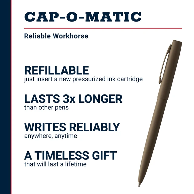 Alt view image 2 of 7 - Space Pen Flat Dark Earth Cerakote Finish Cap-O-Matic Pen, Black Ink Pressurized Ballpoint Pen, Writes Upside Down and in Extreme Temperatures, Medium Point, Pocket Clip, Made in the USA