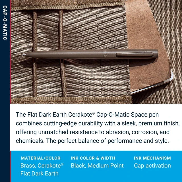 Alt view image 3 of 7 - Space Pen Flat Dark Earth Cerakote Finish Cap-O-Matic Pen, Black Ink Pressurized Ballpoint Pen, Writes Upside Down and in Extreme Temperatures, Medium Point, Pocket Clip, Made in the USA