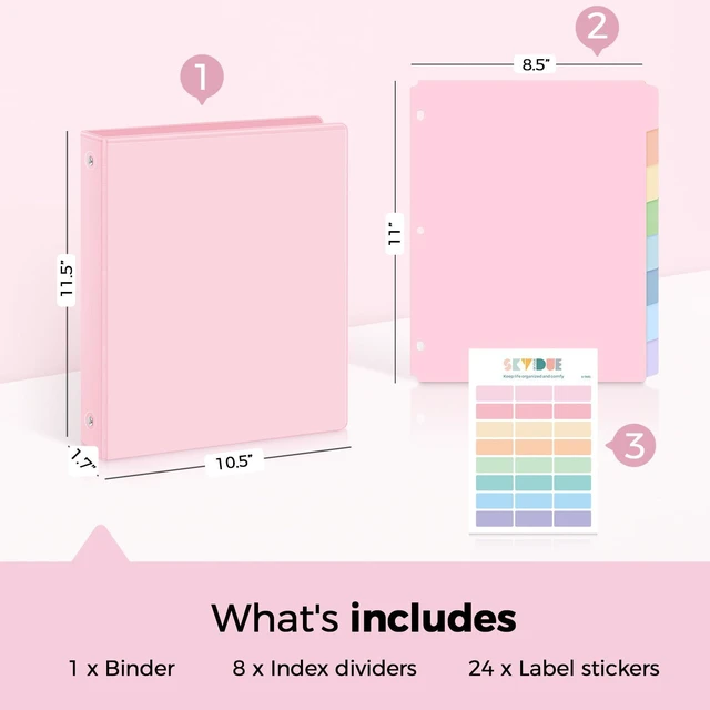Alt view image 2 of 7 - 1 Inch 3 Ring Binder with 8 Tab Dividers & 24 Labels, Pastel Binder Organizer for Letter Size Paper, Aesthetic School Binder for Notes, Documents, Office & Home Organization, Pink