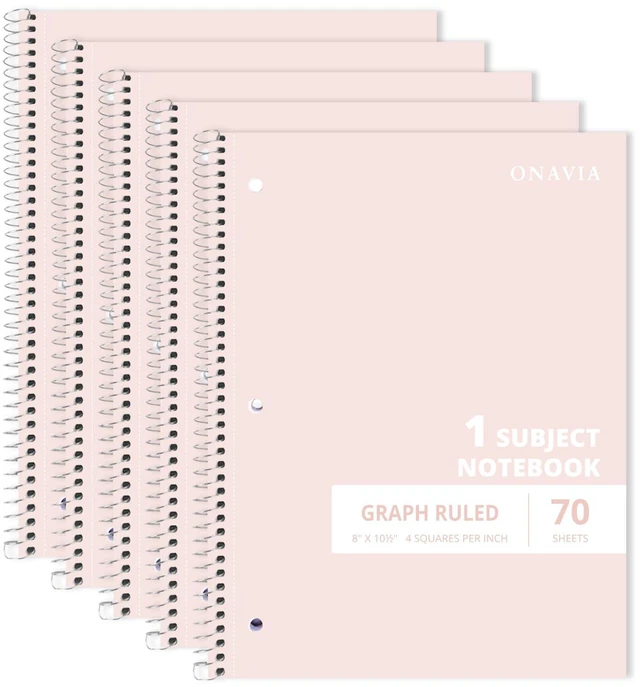 Main image of Pink 1 Subject Graph Paper Spiral Notebook 5 Pack, 140 Pages 70 Sheets, 8 x 10.5 in, 3-Hole Punched, Graph Notebook, Grid Paper, School Notebook, Study: Amazon.com