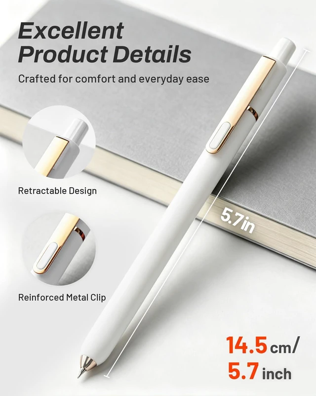 Alt view image 2 of 7 - Gel Pens, 6 Pack 0.5mm Pens Fine Point Smooth Writing Pens with Quick-Dry Black Ink, Cute Aesthetic School Office Note-Taking Pens for Journaling - White