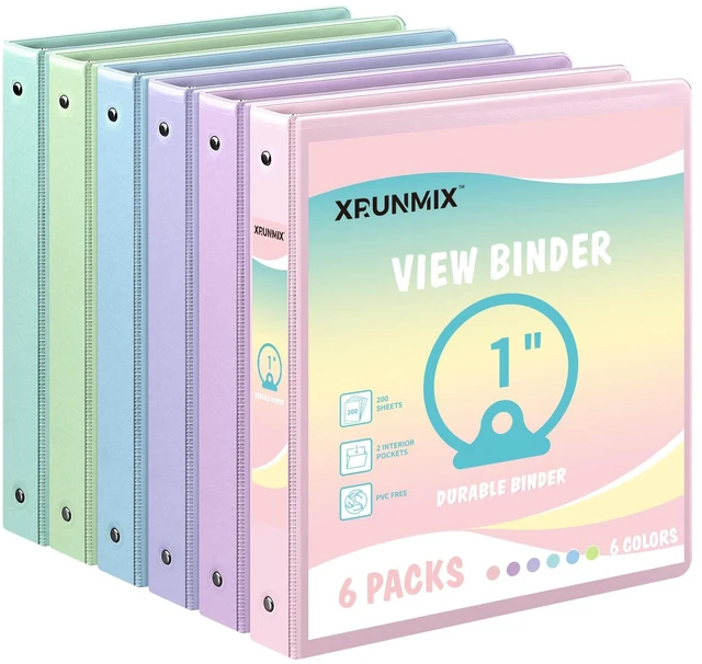 Main image of 1-inch 3-Ring Binder with Pockets, Basic Binders 1'' Pastel Color Binders, Holds Letter Size 8.5'' x 11'',200 Sheet Capacity, Bundle 6 Pack for Back to School (1-Inch)