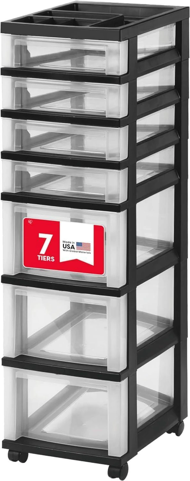 Main image of Plastic Drawer Storage Organizer Rolling Cart, with Wheels Casters, 7-Drawers, for Classroom Art Craft Supplies Dresser Closet Bathroom Laundry Room, Black/Clear