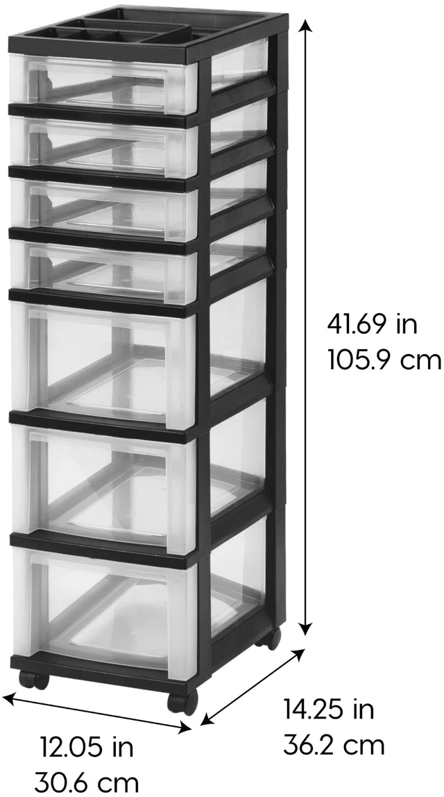 Alt view image 3 of 7 - Plastic Drawer Storage Organizer Rolling Cart, with Wheels Casters, 7-Drawers, for Classroom Art Craft Supplies Dresser Closet Bathroom Laundry Room, Black/Clear