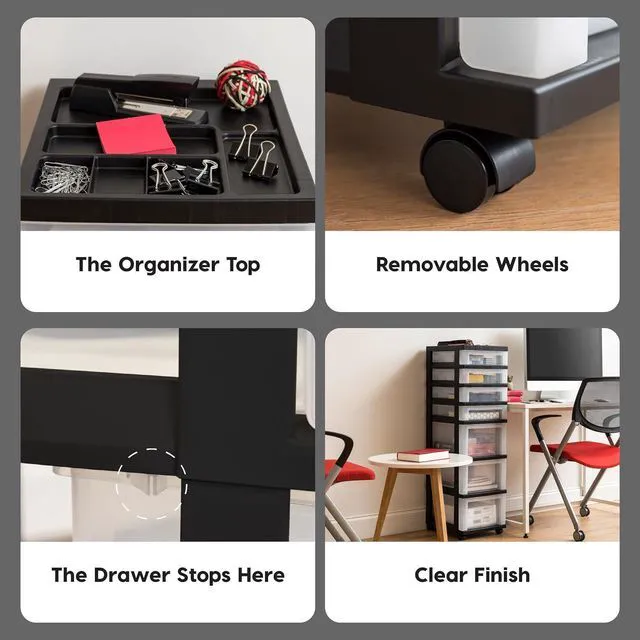 Alt view image 5 of 7 - Plastic Drawer Storage Organizer Rolling Cart, with Wheels Casters, 7-Drawers, for Classroom Art Craft Supplies Dresser Closet Bathroom Laundry Room, Black/Clear